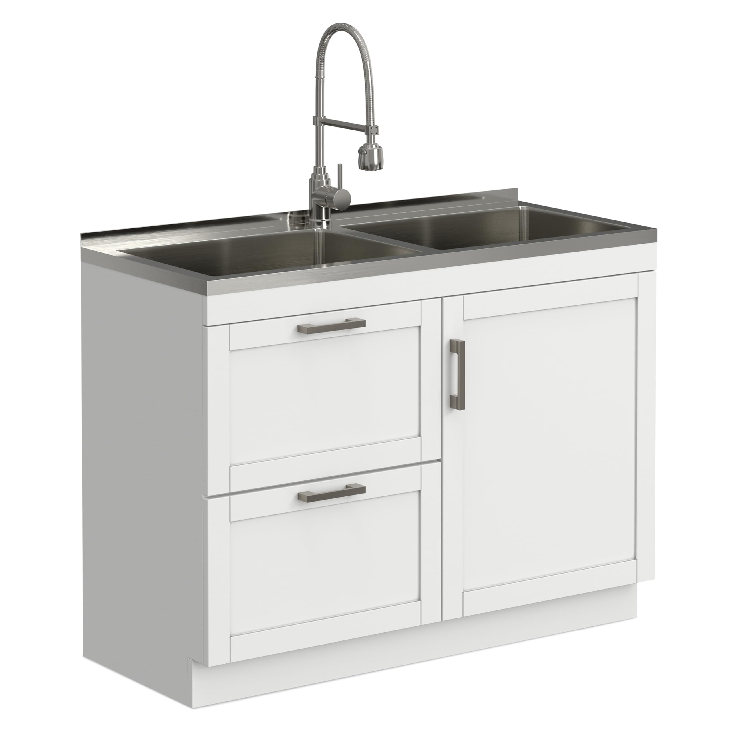 SIMPLIHOME Hennessy All-in-One 46 inch Wide Utility Sink and Laundry Cabinet in Pure White Finish, Transitional Stainless Steel 