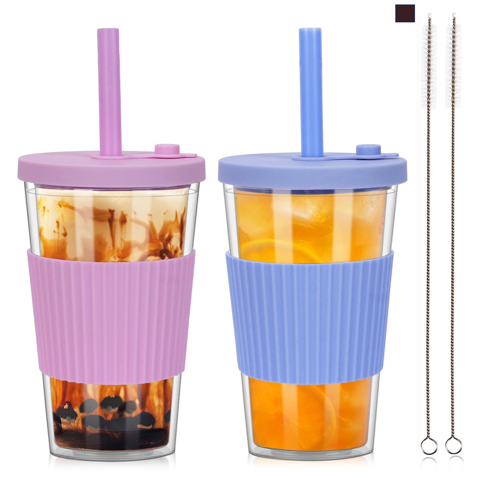 UHAPEER 2 Pack Reusable Boba Cups, 17oz Iced Coffee With Straw and Lid, Leakproof Clear Plastic Tumbler, Double Wall Insulated S