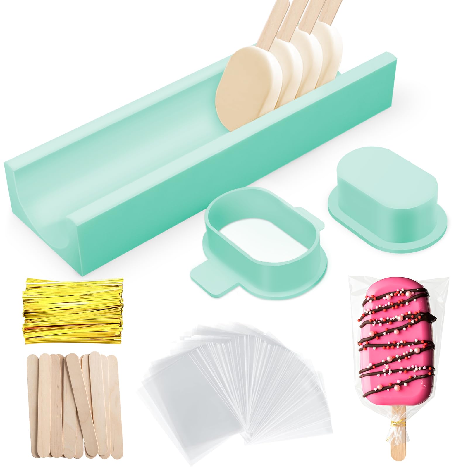 3 Inch Cakesicle Cutter and Cake Pop Mold Set with 8.7in Tray, 100 Wooden Sticks & 100 Bags, Silicone Cakesicle Mold for Homemad