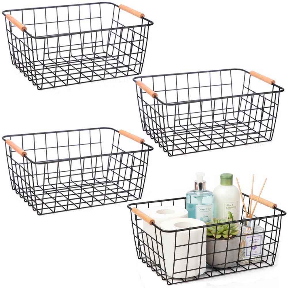 HDYOUDO Metal Black Wire Basket,Food Storage Basket Organizer with Wooden Handles for Organizing,pantry and organizers Kitchen C