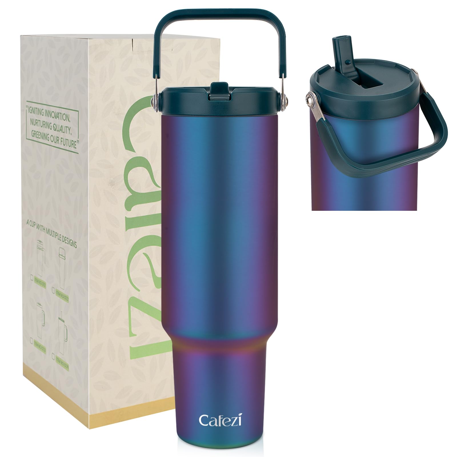 Cafezi 50 oz Insulated Tumbler with Straw, Stainless Steel Water Bottles with Flip Straw and Top Handle, Leak Proof Flip, No Swe