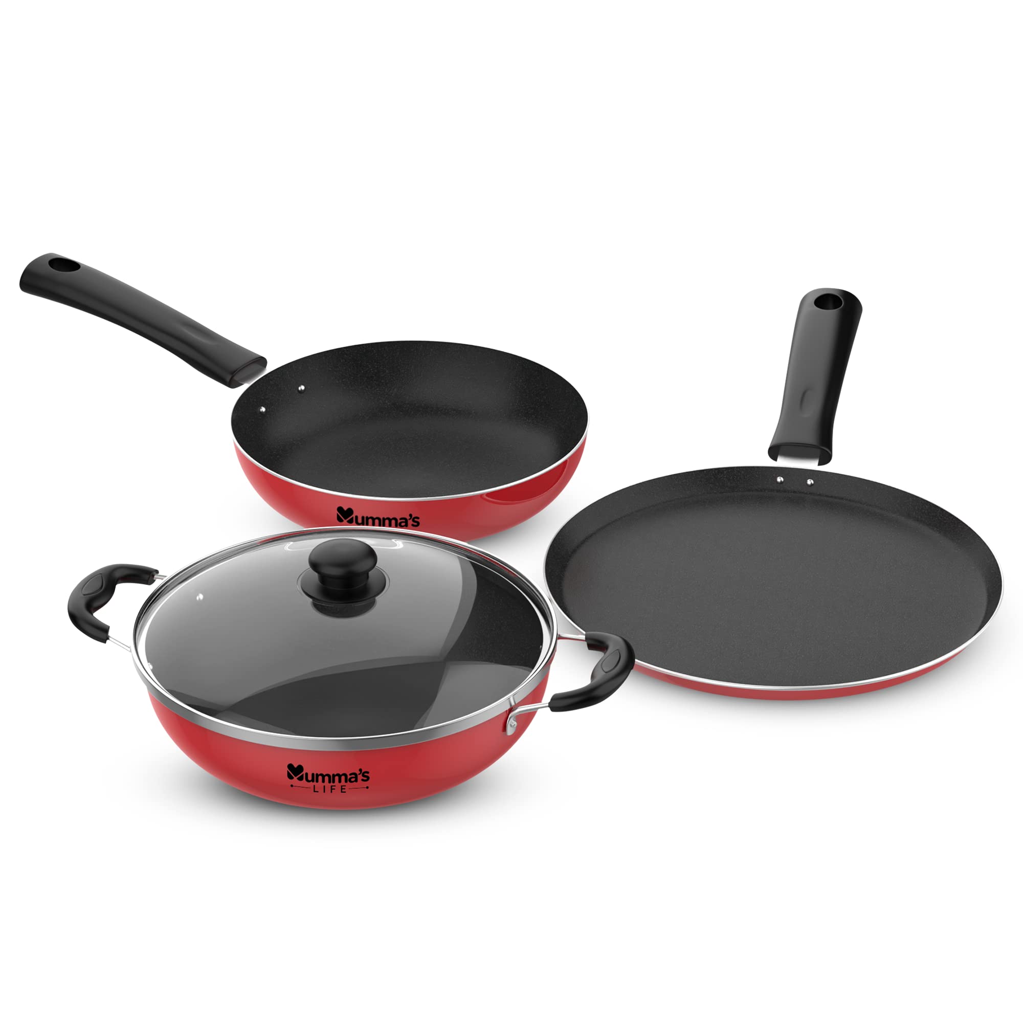 MummaS Life 3Piece Aluminium NonStick Cookware Set  Fry Pan, Kadhai & Tawa (Induction And Gas Compatible) (Red)