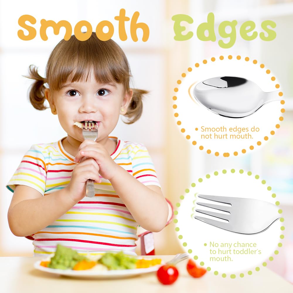 FUNNUO 4 Piece Toddler Utensils, Stainless Steel Toddler Forks and Spoons, Safe Kid Silverware Set for Self Feeding, Children Fl