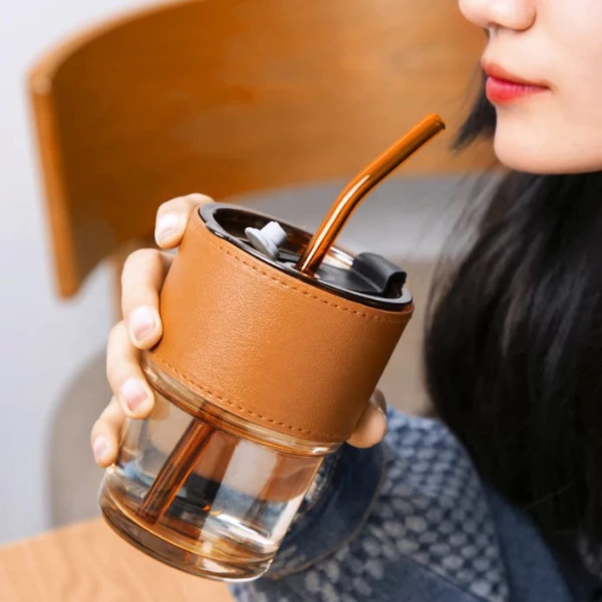 Kikiluxxa Glass Sipper Tumbler Lid And Straw Coffee Tumbler Tea Coffee Mugs With Leather Sleeve Cup And Mug For Kids Milk Juice 