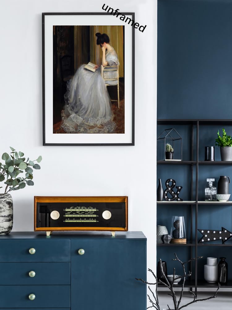uoyien Vintage French Canvas Wall Art - Woman Reading Portrait, 16x24in Unframed, Off-white, Dark Academia Aesthetic Decor