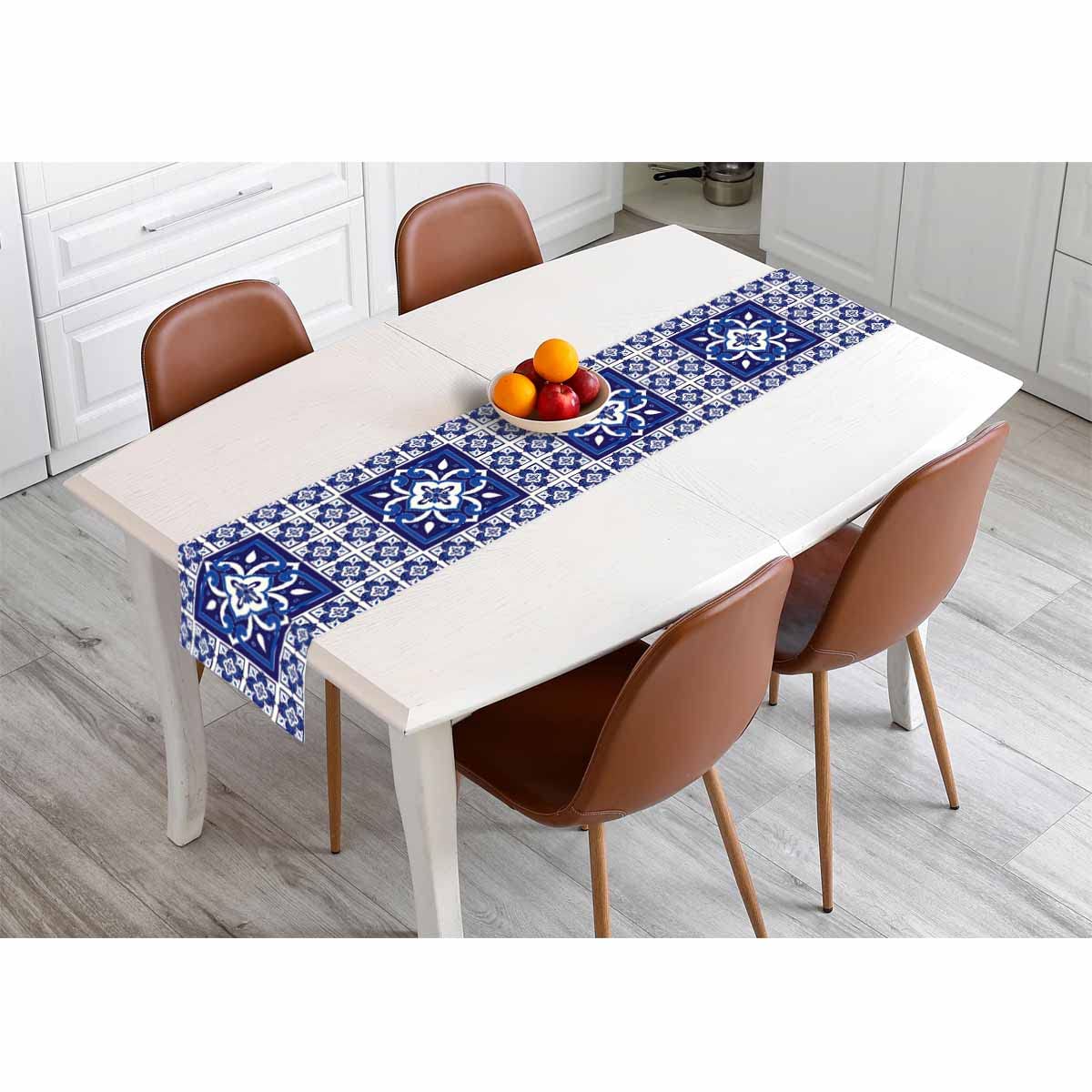 Hosnye Table Runner Blue Portuguese Tile Pattern,Cotton Linen Table Runner Decoration For Kitchen Family Dinner Table Holiday Pa