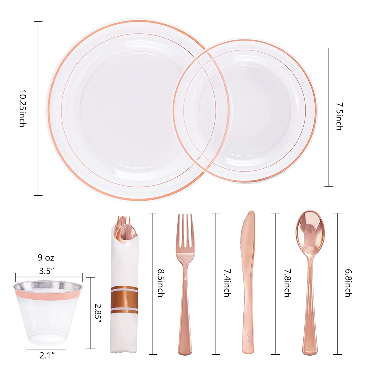 210 Pcs Rose Gold Plastic Plates With Silverware, Valentine Plates Includes: 30 Dinner Plates 10.25'' 30 Dessert Plates 7.5'' 30