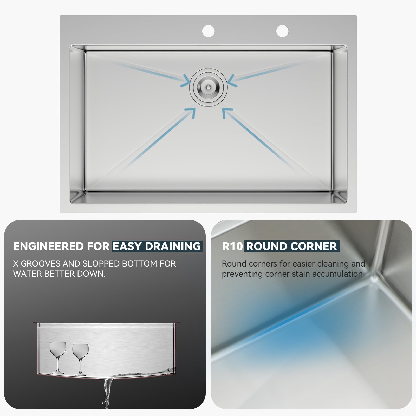 Lordear 33 Inch Drop In Kitchen Sink 33X22 Stainless Steel Topmount Sinks 16 Gauge T304 Single Bowl Kitchen Sink With 3Mm Thicke