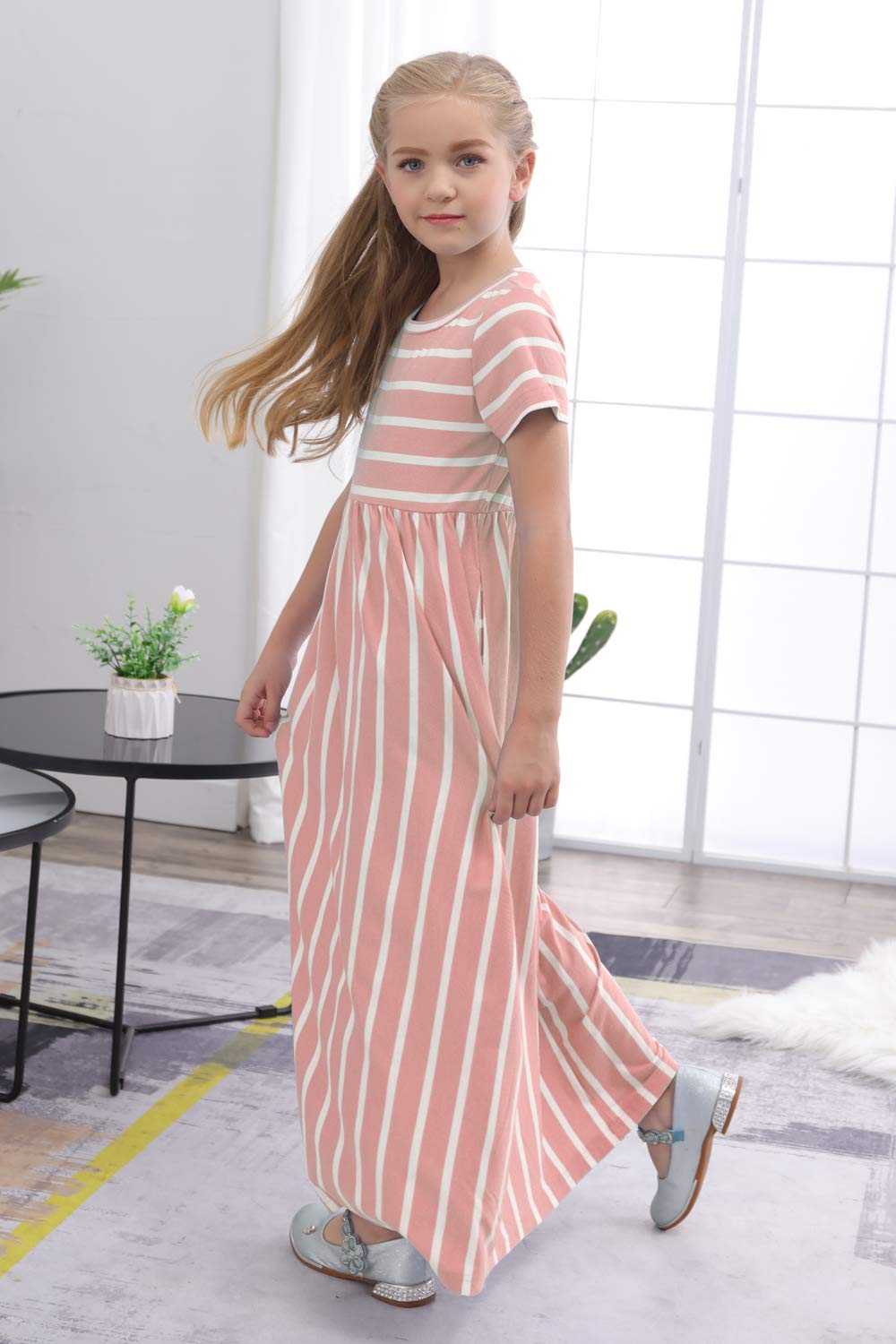 Gorlya Girls Short Sleeve Floral Print Loose Casual Holiday Long Maxi Dress With Pockets 4-12 Years (6-7Yearsheight:120Cm, Pink