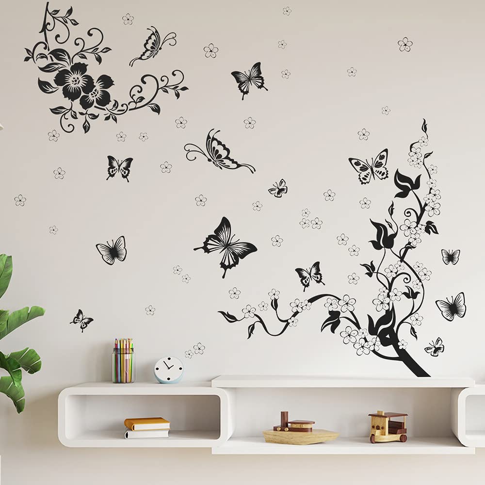 Supzone Flowers Vine Wall Decals Black Flowers Wall Stickers Butterfly Wall Decor Removable Vinyl Wall Art Stickers For Bedroom