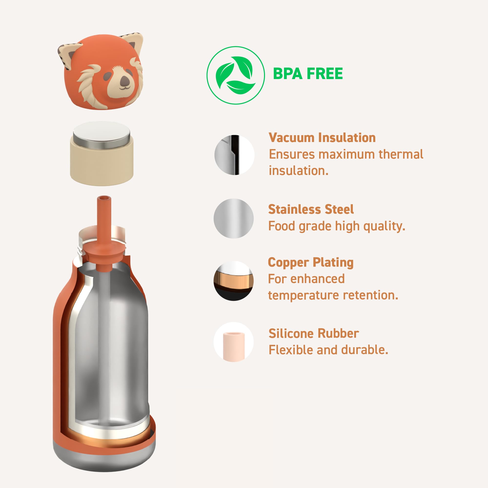 Asobu Bestie Bottle Insulated Stainless Steel Water Bottle With Detachable Soft Animal Head Fun Drinking For Kids And Teens16 Ou