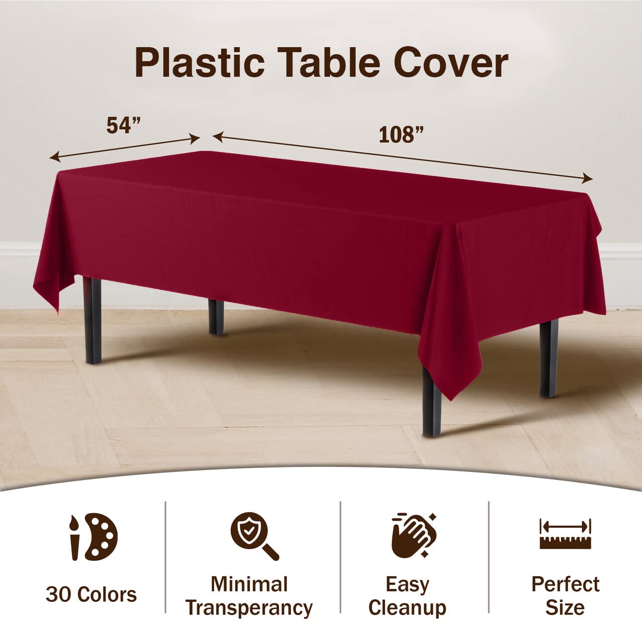 Exquisite 6-Pack Premium Plastic Tablecloth 54In. X 108In. Rectangle Plastic Table Cover - Burgundy