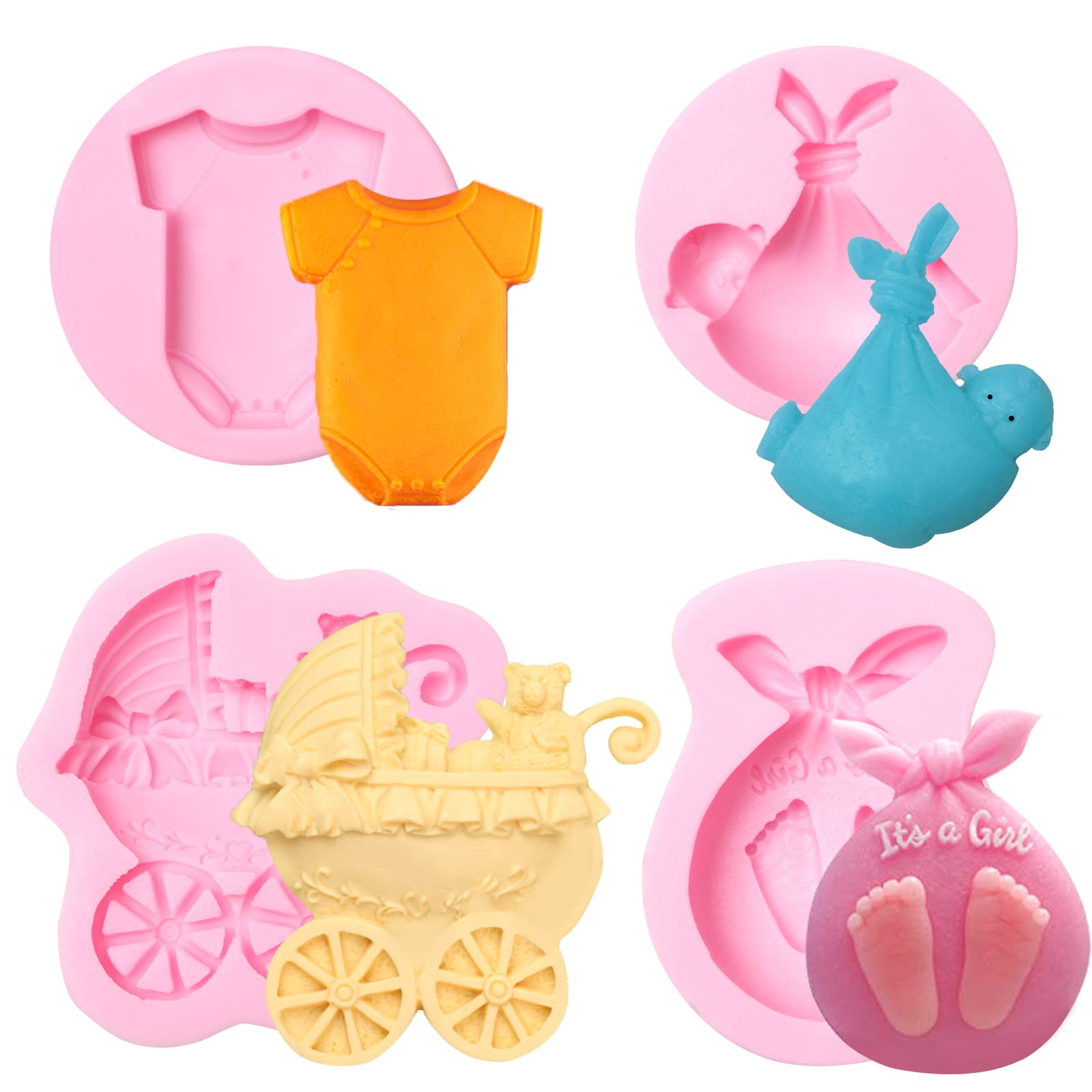 Baby Shower Cupcake Topper Chocolate Candy Silicone Molds 4 Pcs, Cute Baby Baby Cake Carriage And Clothes Feet Fondant Mold For