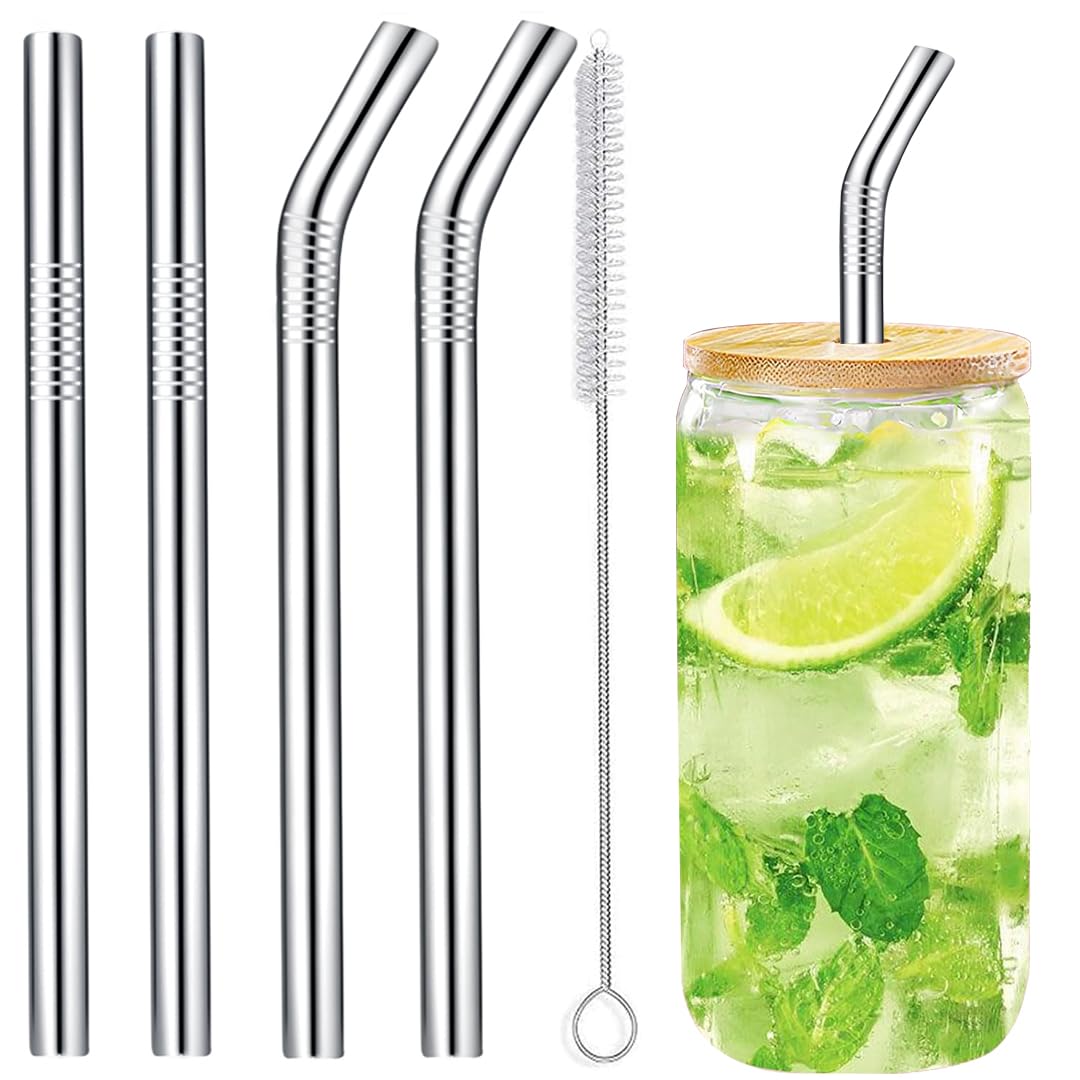 Vannise Jumbo Smoothie Straws Stainless Steel, Set Of 4 Metal Milkshake Straws 0.4'' Wide 10.5'' Long Straws, Long Lasting & Foo