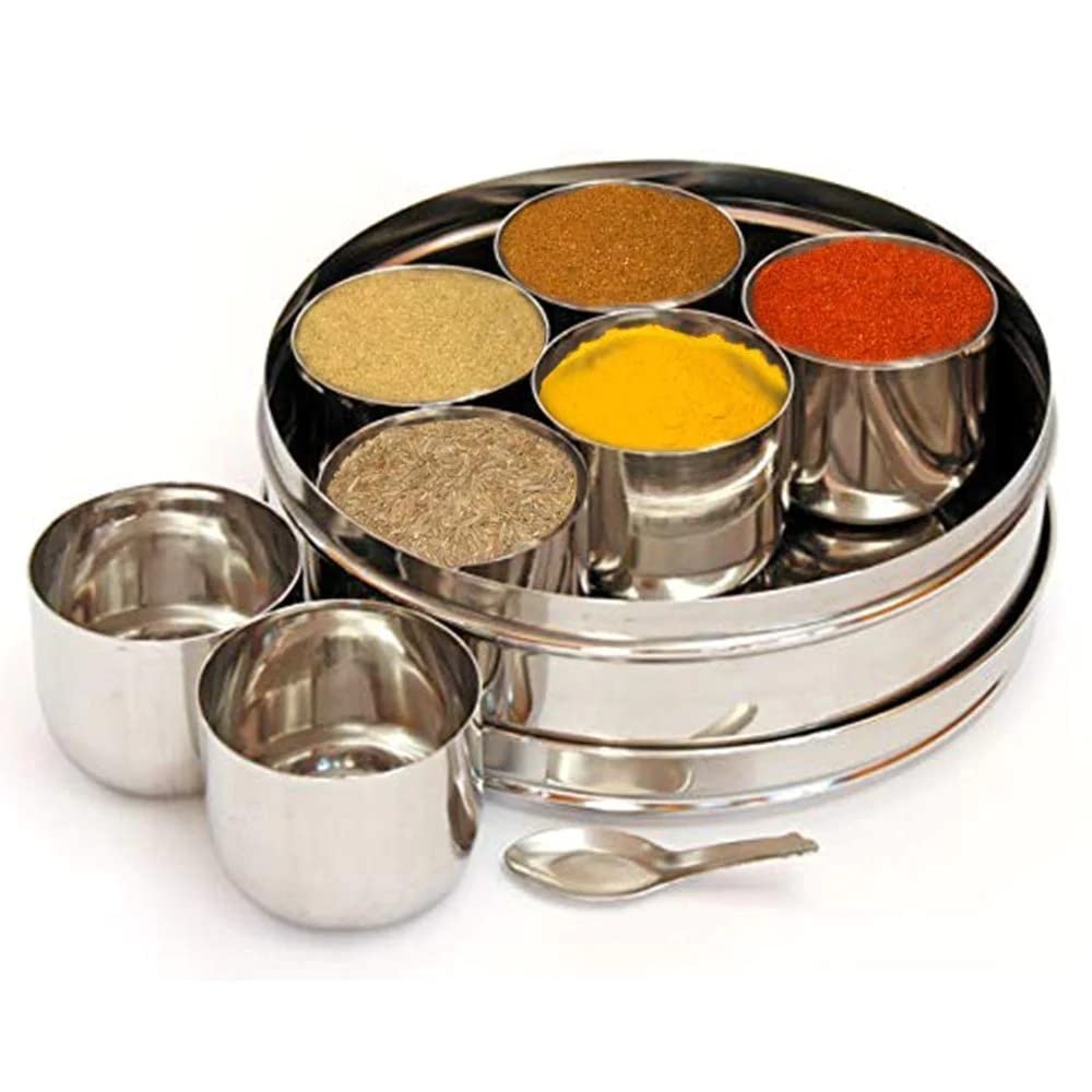 Atrock Stainless Steel Masala Dabba Spice Organiser Set Of 7 Vati And 1 Small Spoon For Kitchen (Medium, Silver)