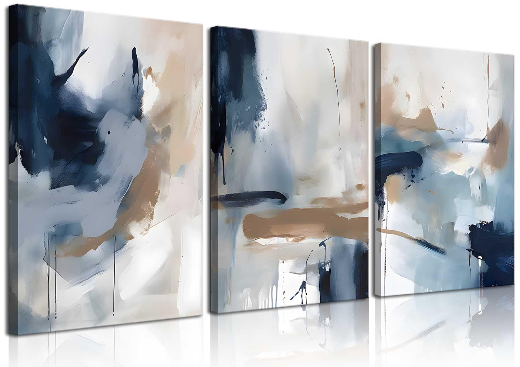 3Pcs Framed Navy Blue Wall Art Abstract Modern Brown Watercolor Canvas Posters Prints Minimalist Neutral Wall Decor Pictures for