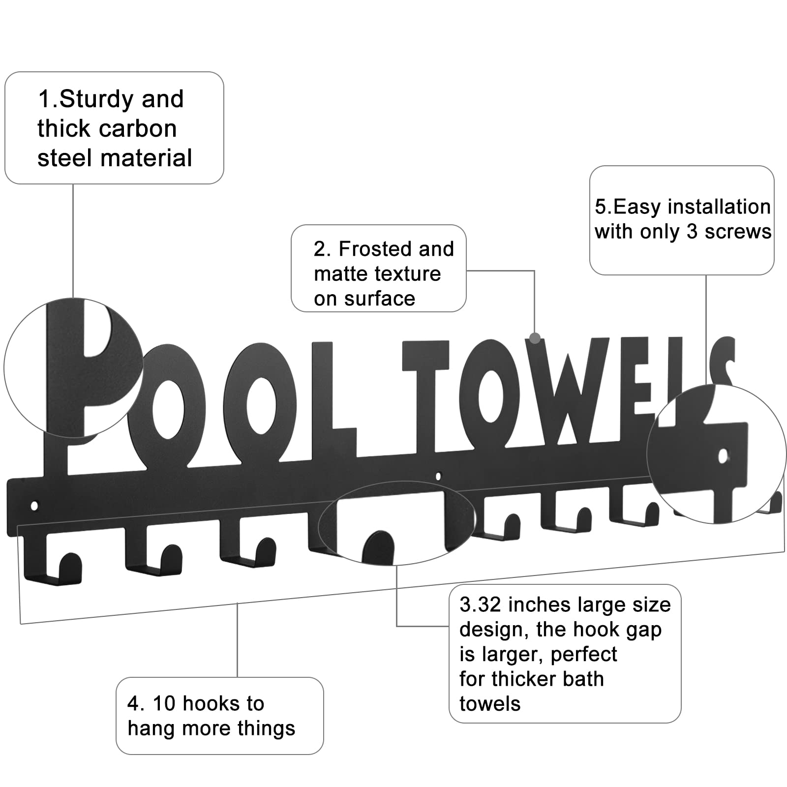 Ibosins Large Pool Towel Rack With 10 Hooks, Towel Holder Wall Mounted For Outdoor, Towel Hanger For Hanging Bathrobes, Towels,