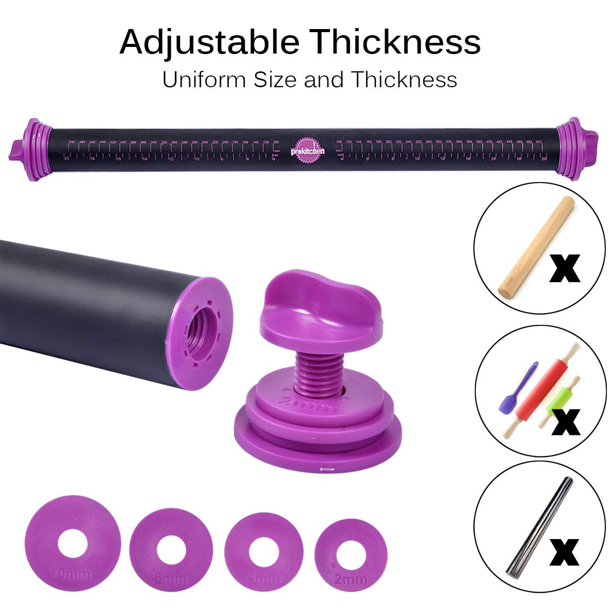 Prokitchen Silicone Rolling Pin With Thickness Rings, Adjustable Silicone Rolling Pin Designs Dough Roller Pins For Fondant, Coo