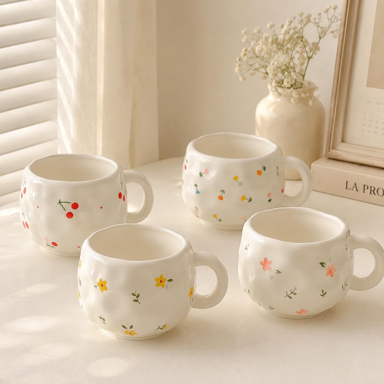 PlmssJoy 4 PCS Ceramic Coffee Mugs, 10oz Cute Aesthetic Tea Cup