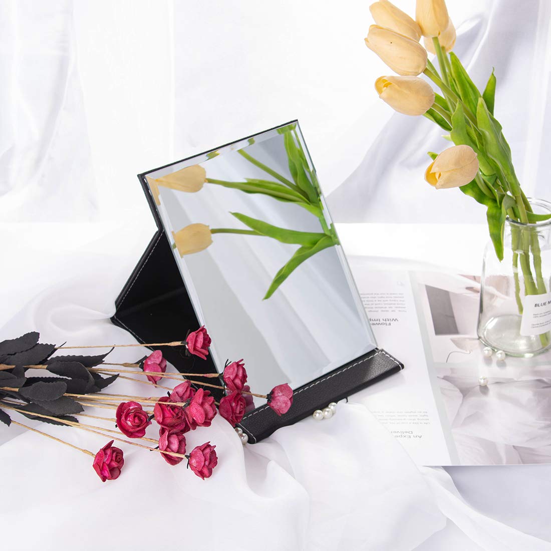 Longsheng - Since 2001 - Protable Pu Leather Mirror Folding Desktop Makeup Mirror With Adjustable Stand For Personal Use,Travell