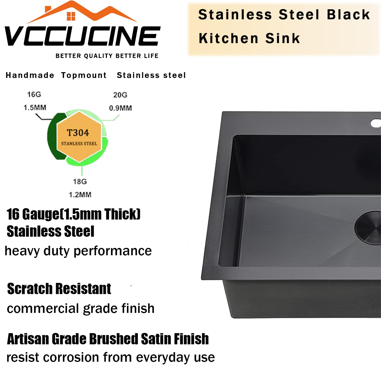 Vccucine 33 Inch Black Drop In Kitchen Sink,33 X 22 Inch Gunmetal Black Single Bowl Stainless Steel Basin Topmount Kitchen Sink,
