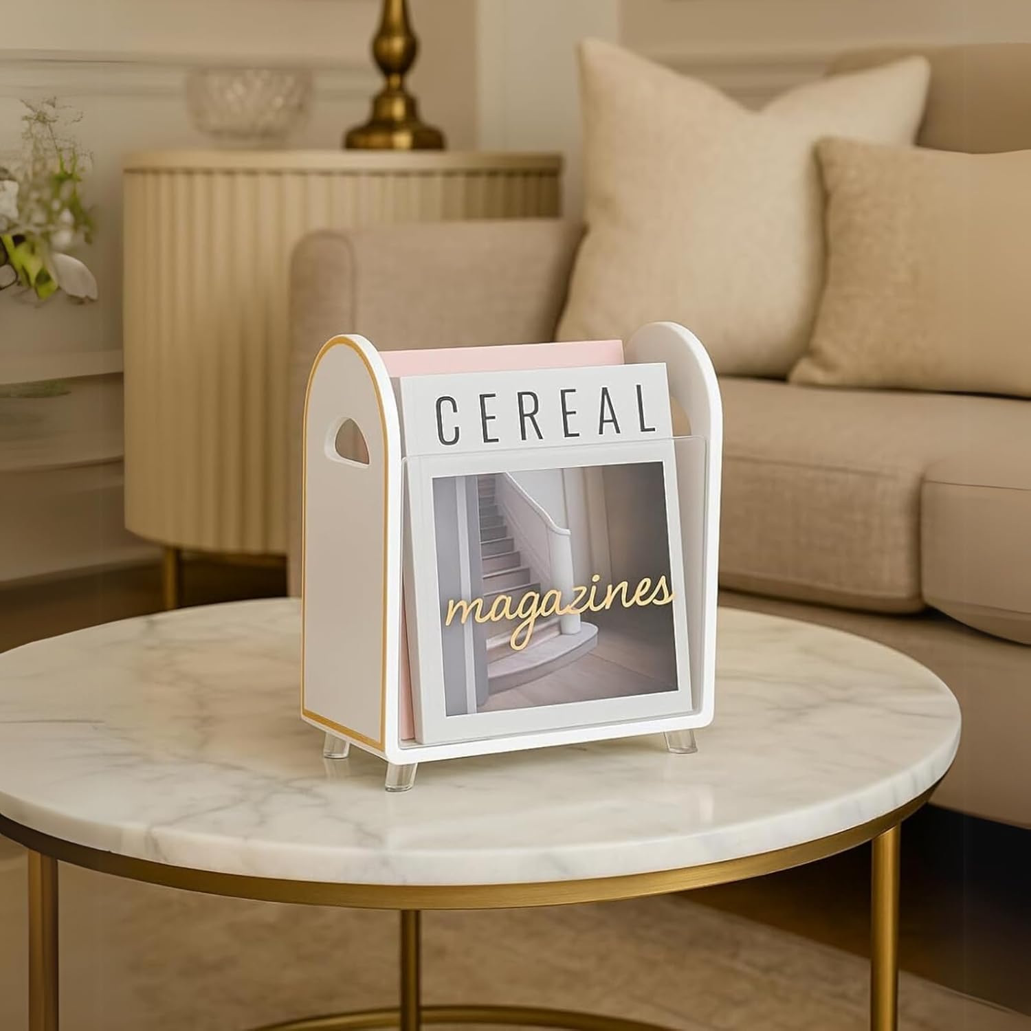 Khen Acrylic Magazine Holder with Gold Trim - 12.40" x 10" x 4.49"