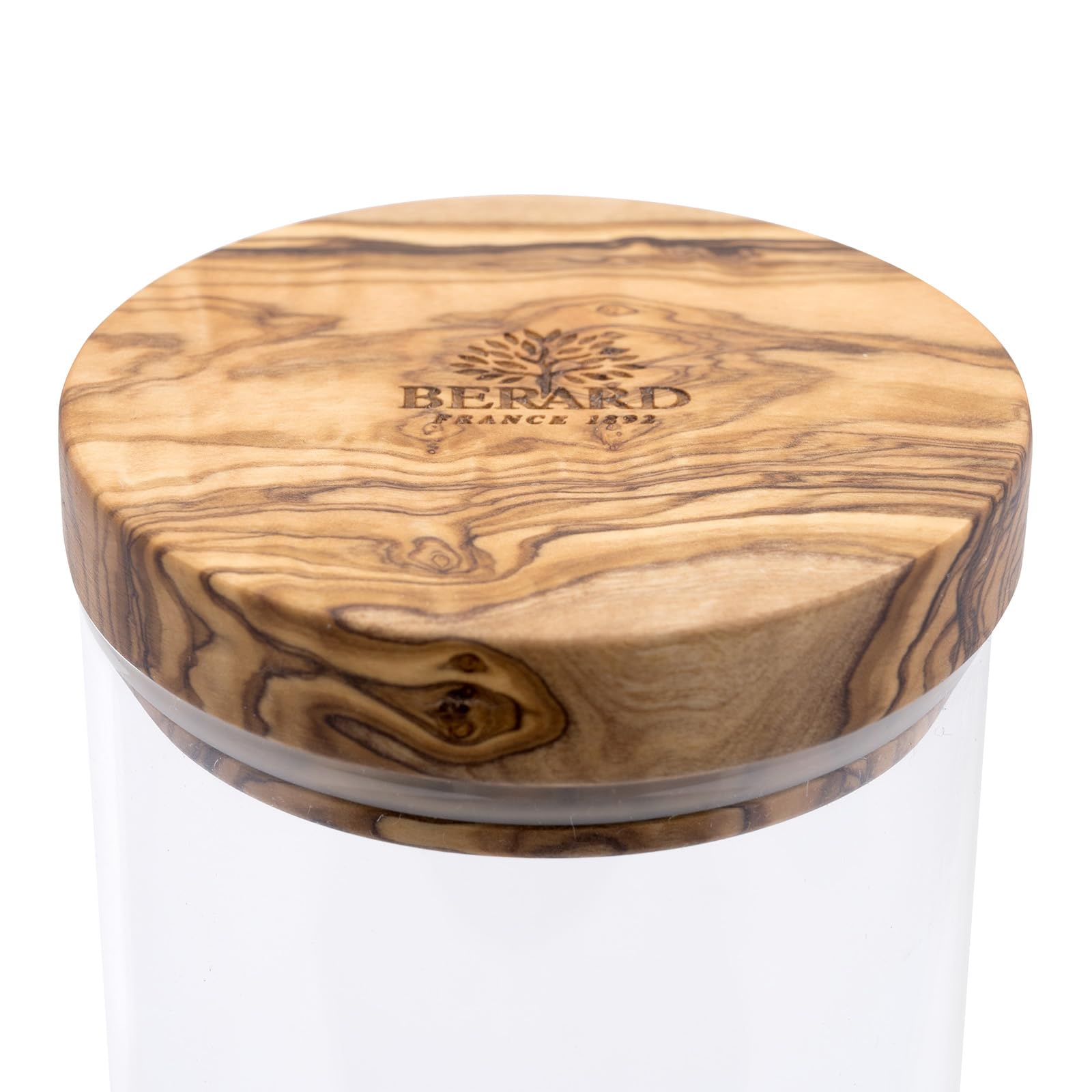 Berard Glass Storage Jar With Olive Wood Lid, 50-Ounce,Brown