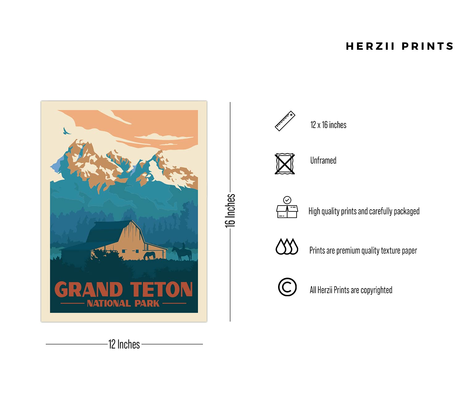 HerZii Prints Grand Teton National Park Wall Art Set - Vintage Posters, 16x12 UNFRAMED, Wood Material, Nature Decor
