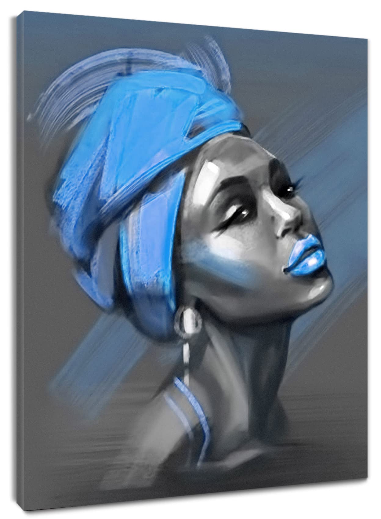 Lb African American Women Canvas Wall Art, Beauty Black Woman Blue Hair Canvas Art, Abstract Minimalist Painting Wall Decor For