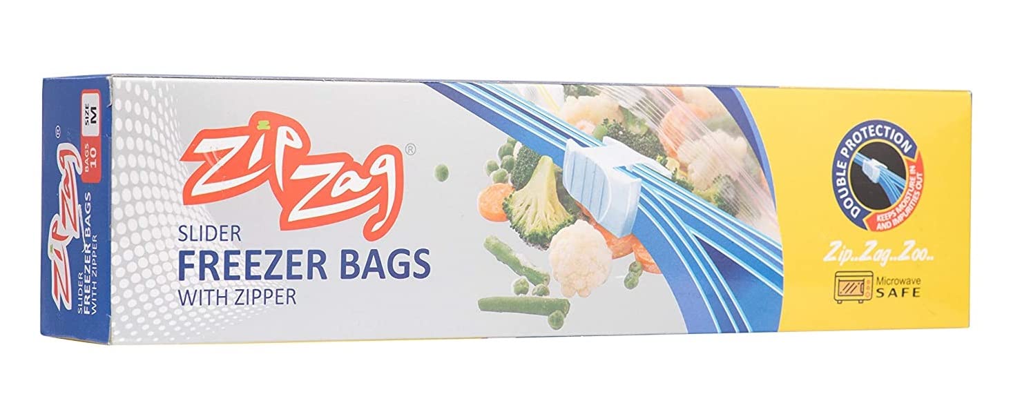 Zipzag Plastic Food Storage ReUsable Bag Safe For Freezer & Microwave 10 Pcs (Clear) (Medium), Slide Lock