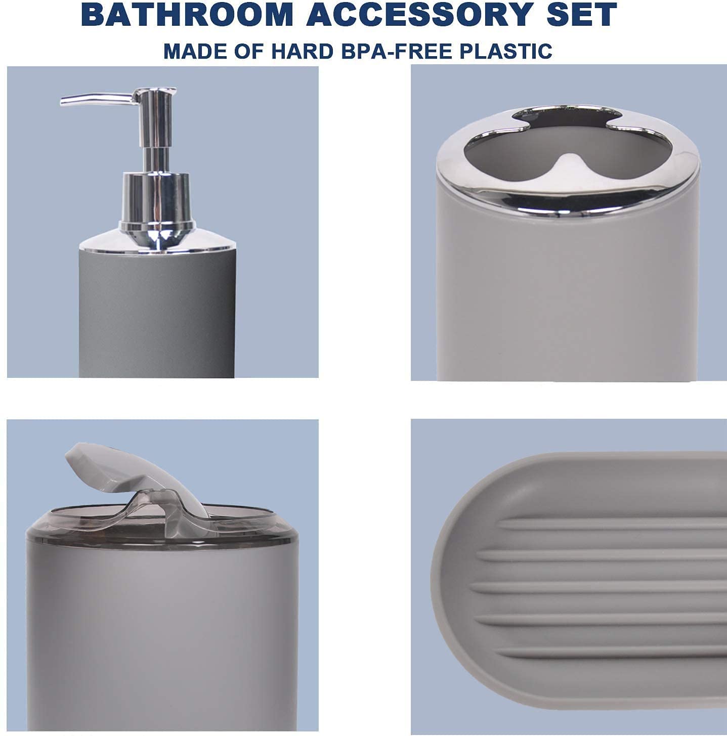 CERBIOR Bathroom Accessories Set Bath Ensemble Includes Soap Dispenser  Toothbrush Holder  Tumbler  Soap Dish for Decorative Countertop and Housewarming Gift Grey