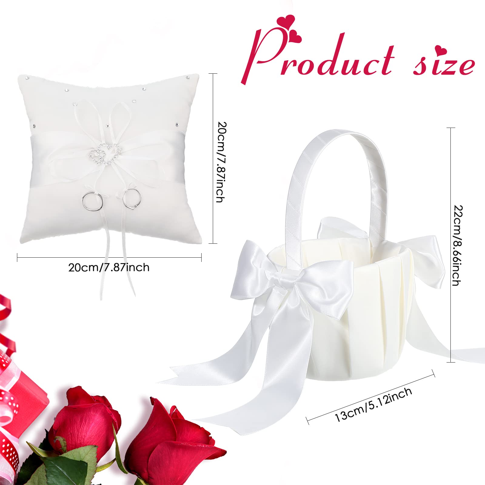 White Flower Girl Basket And Ring Bearer Pillow Set Rhinestones Satin Wedding Ring Pillow Wedding Flower Baskets For Wedding Gif