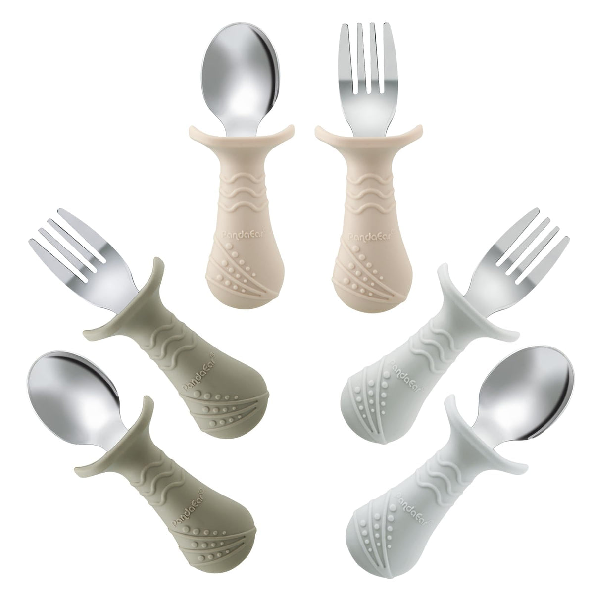 PandaEar Baby Toddler Fork and Spoon Utensil Set, 6 Pack Silicone Stainless Steel Silverware Spoon Fork for Babies Toddler, BPA