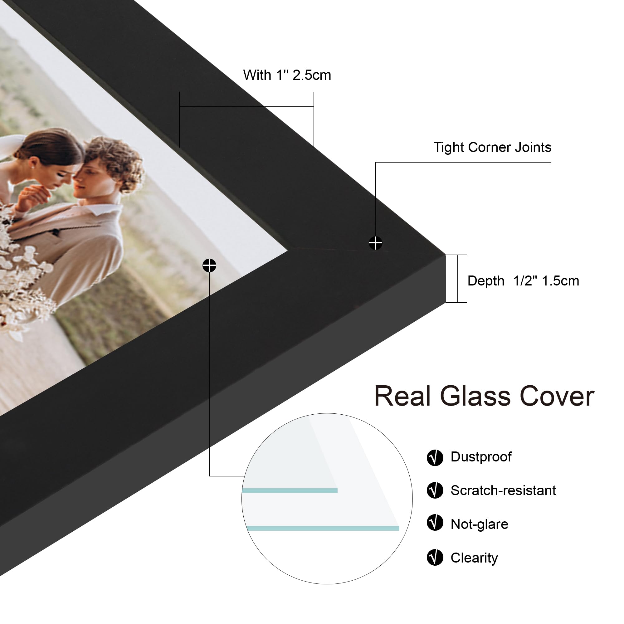 Hongkee 6x9 Picture Frame Set of 4, Made of Real Glass and Black Wooden Frame - 6 by 9 Photo for Wall or Tabletop Display