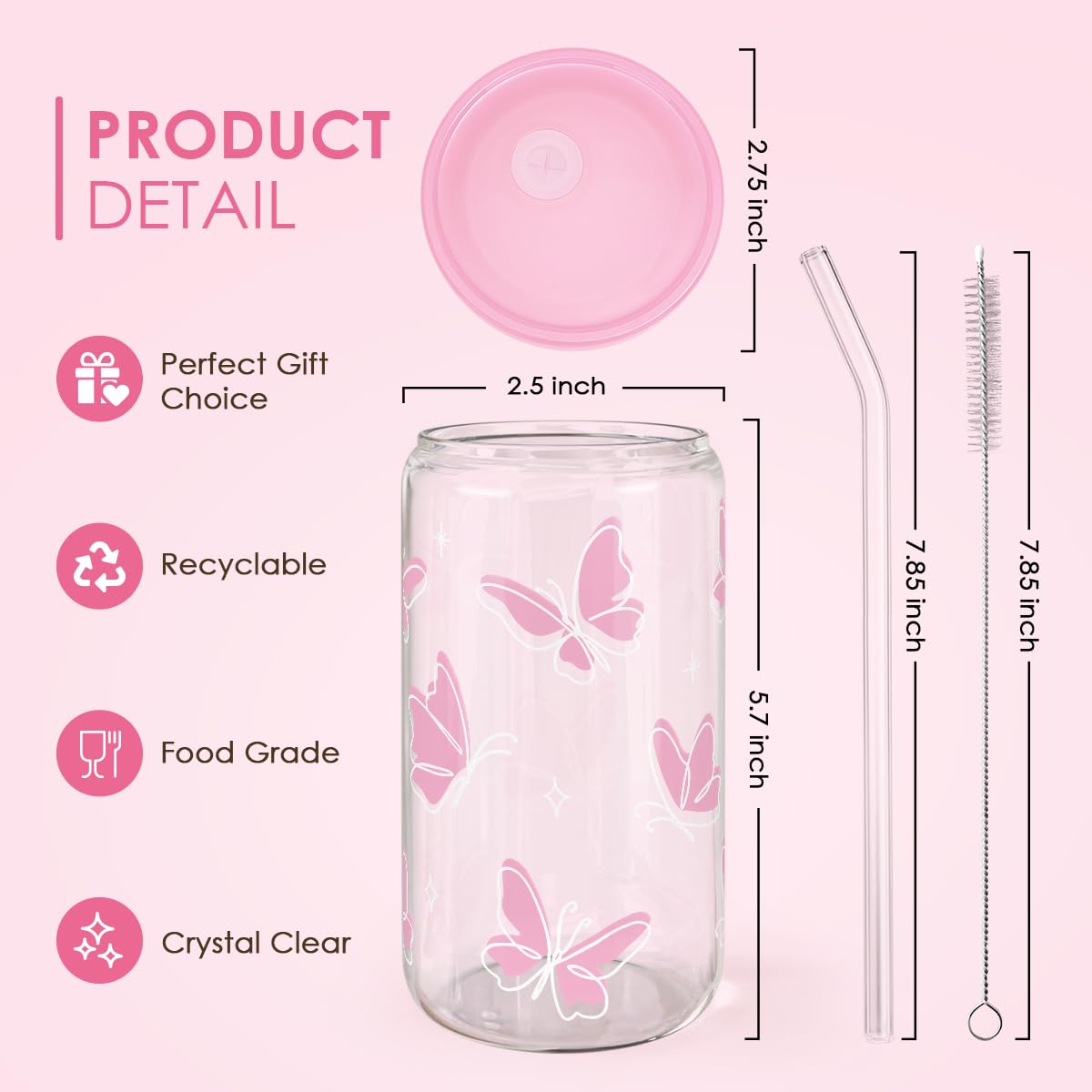 Butterfly 16 Oz Can Glass Tumbler with Acrylic Lid and Straw - Iced Coffee Cups for Women, Aesthetic Glass Cup Gift for Birthday