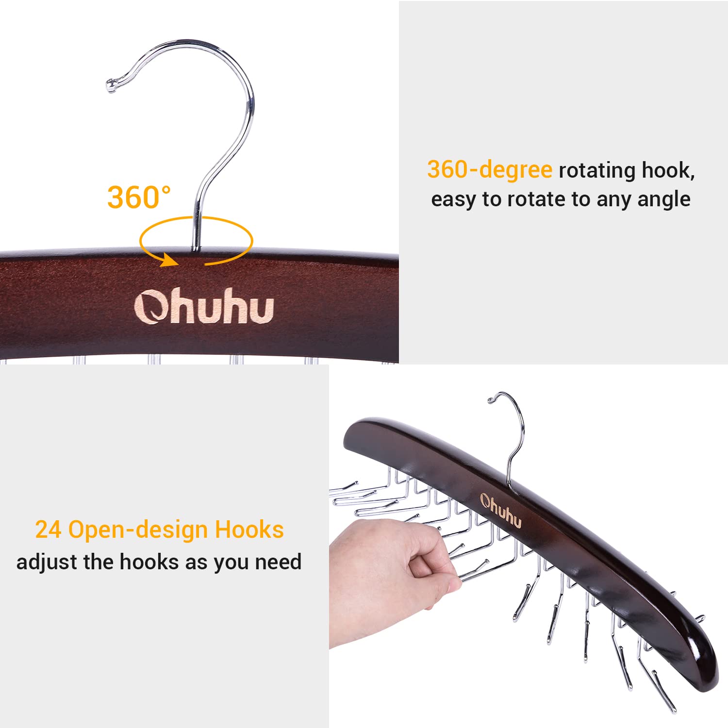 Ohuhu Tie Rack Hanger Closet Organizer, Wooden Walnut 24 Hook Tie Holder For Closet, 360 Degree Rotating Tie And Belt Organizer