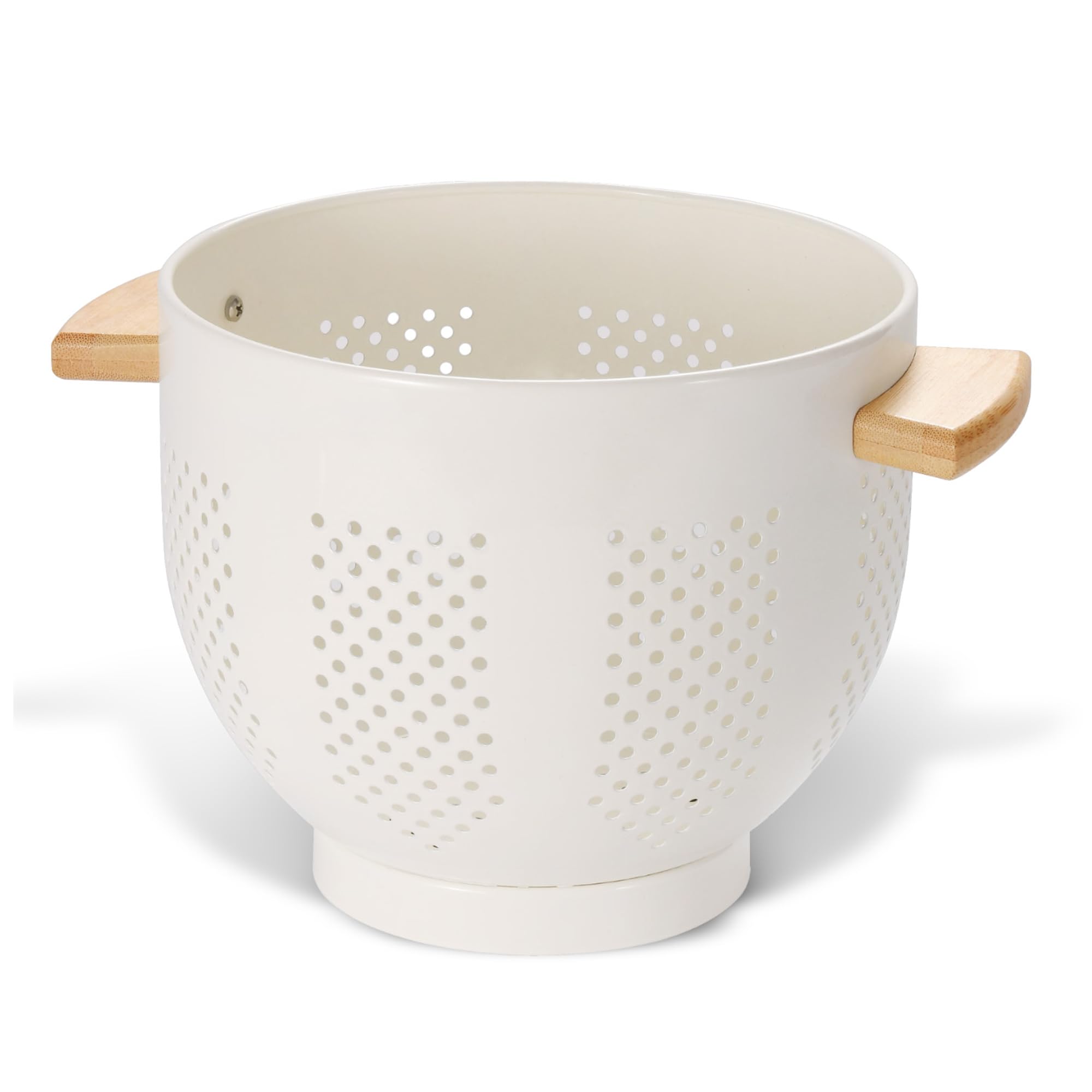 Metal Colander with Wood Handle and Stable Base, 5.5 Quart Powder Coated Steel Kitchen Strainer Basket for Draining Pasta, Veget