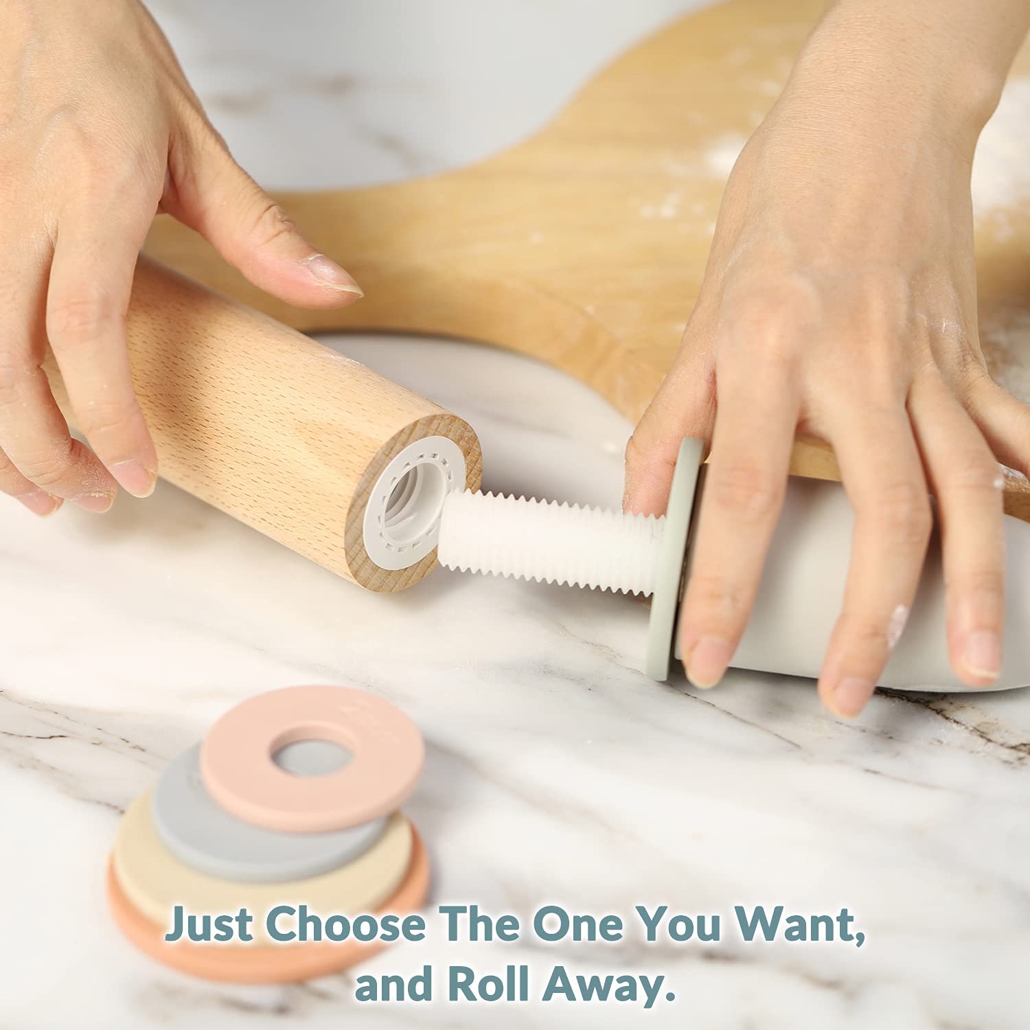 Geesta Adjustable Wood Rolling Pin with 5 Thickness Rings, Dough Roller, Measurement Guide for Baking, Model GETA057