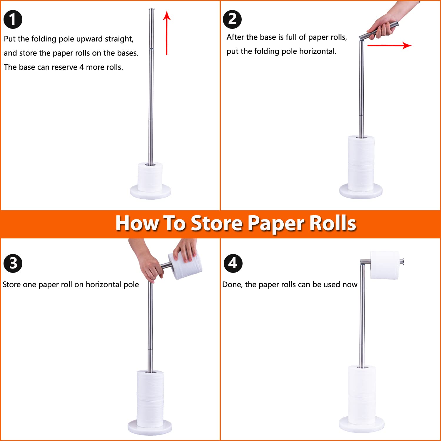 Toilet Paper Holder Stand ?2022 Upgraded? -Free Standing Toilet Paper Holder with Heavy Marble Base and Brushed Nickel SUS304 Stainless Steel Pole