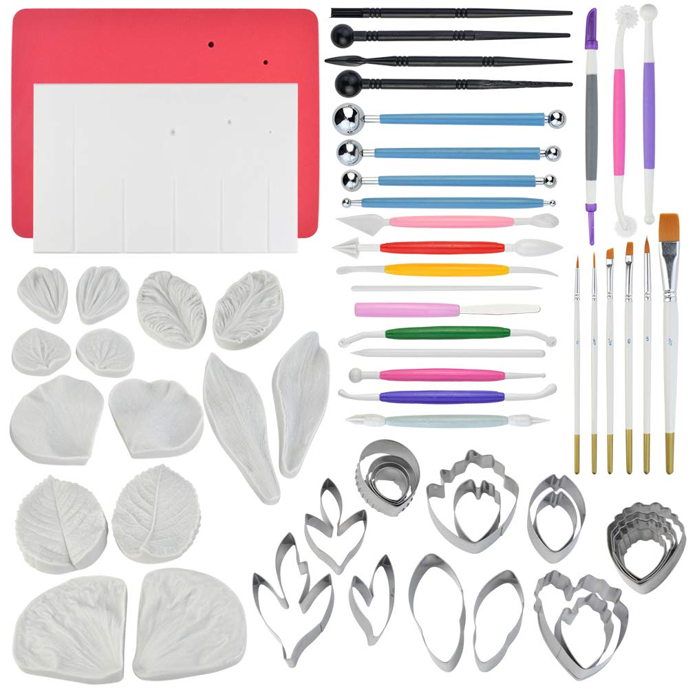 62Pcs Gumpaste Flowers And Leaves Fondant Tool Leaf Tool Kit Gum Paste Flower Cutter Set Stainless Steel Flower Cutter Silicone