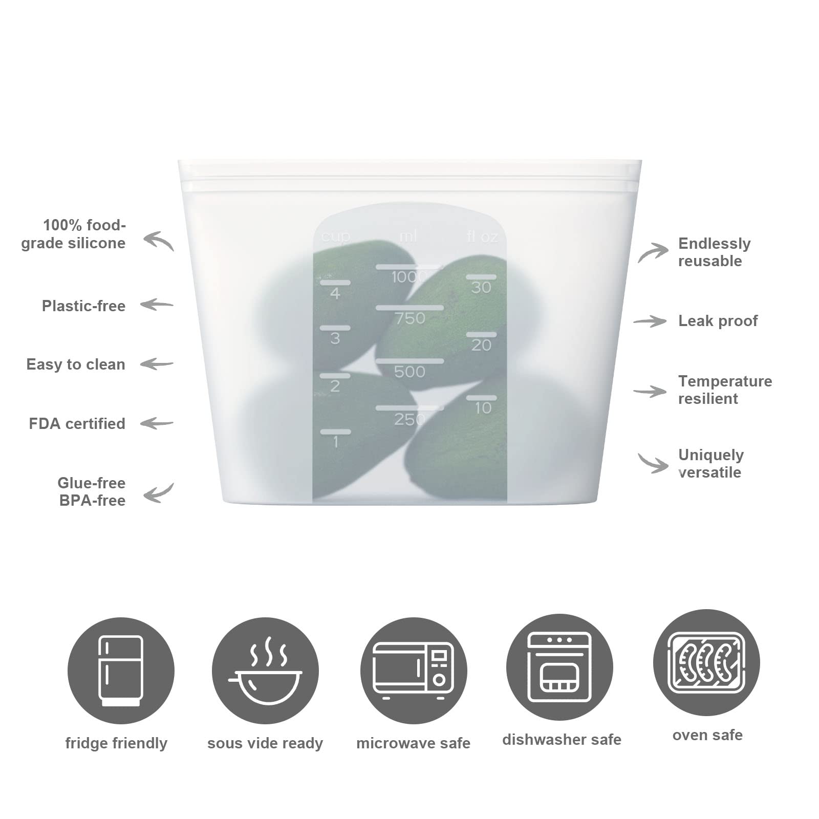 Winrock Reusable Silicone Food Storage Bag, For Microwave, Oven, Fridge, Freezer & Sous Vide Zip Sealed Containers (2 Middle Siz