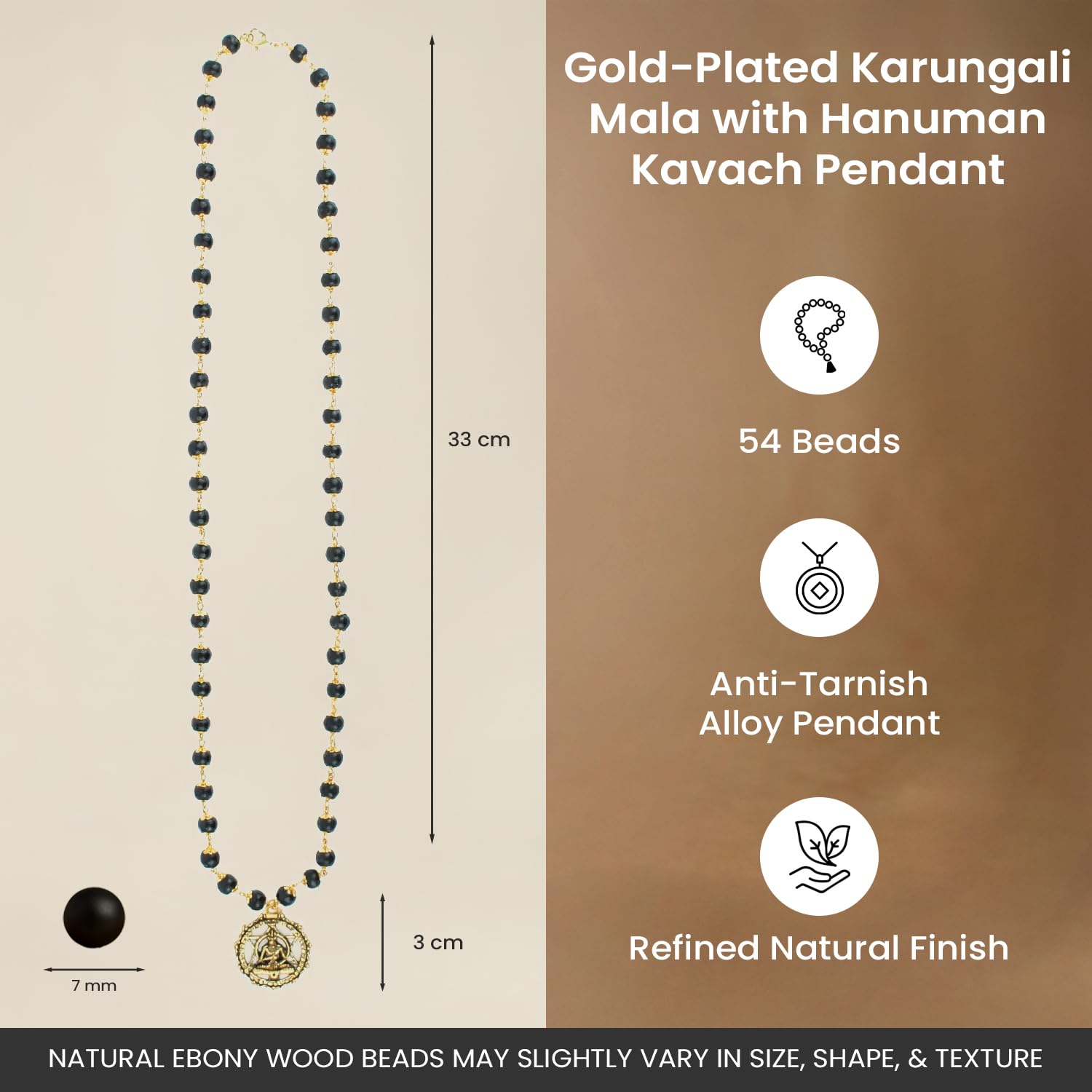 7Mm Golden Capped Karungali Mala With Hanuman Pendant