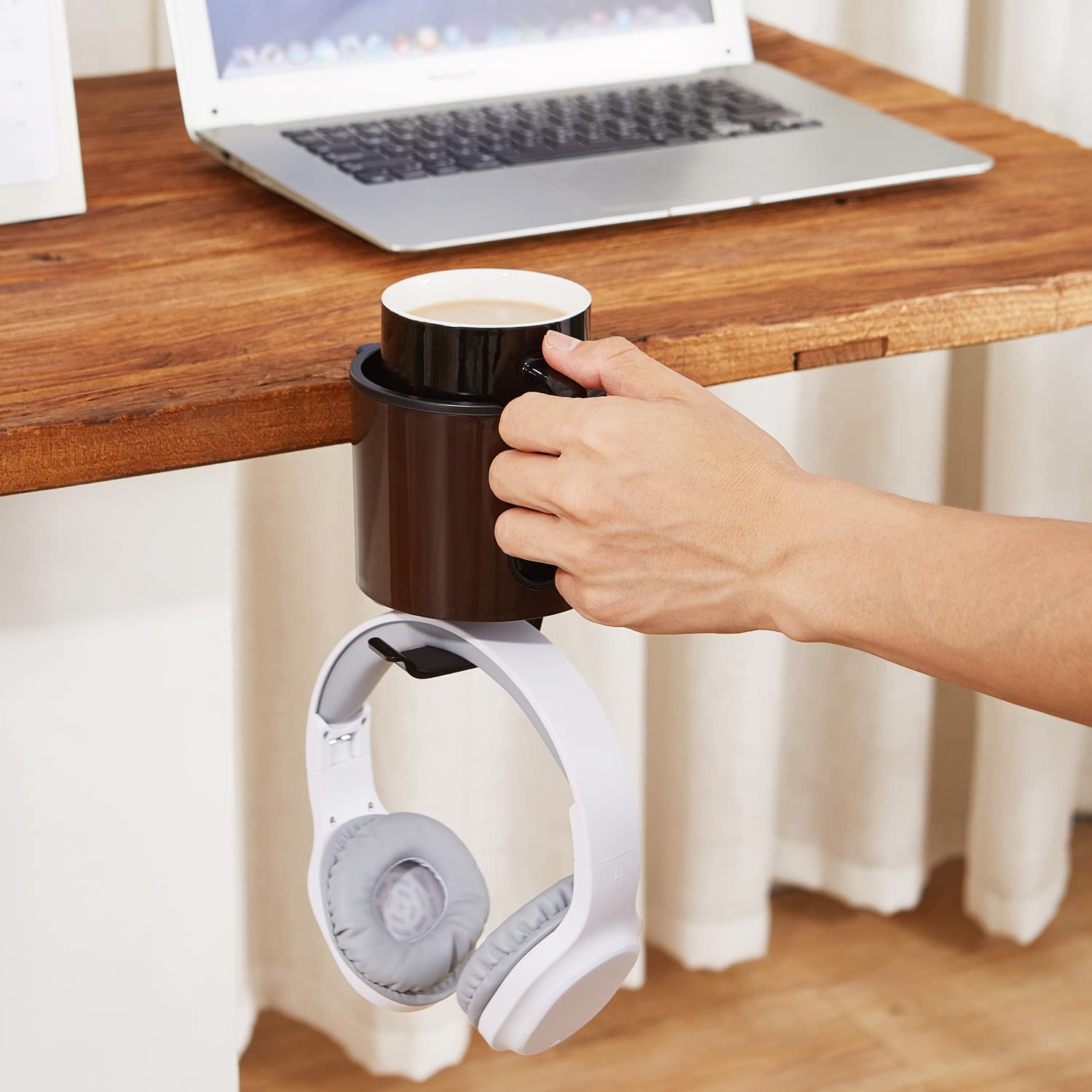 Gunking Luxury 2-In-1 Anti-Spill Cup Holder With Under Desk Headphone Hanger (Coffee Brown)