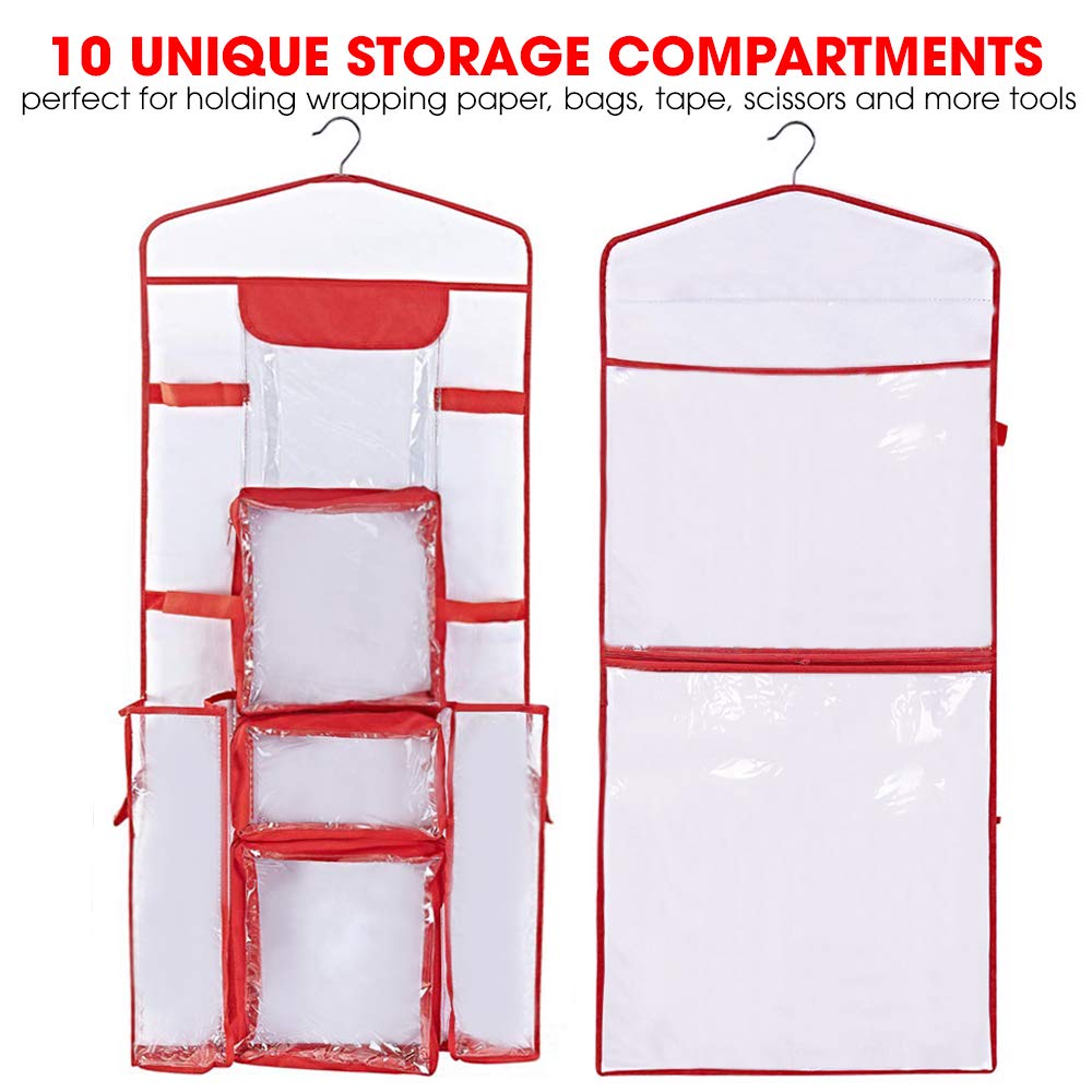 Primode Wrapping Paper Storage Hanging  Gift Wrap Organizer Double Sided  Pockets for Gift Bags  Ribbon  Bows and Accessories  40x17 Fits 40 Inch Rolls  Clear PVC Bag (Red)