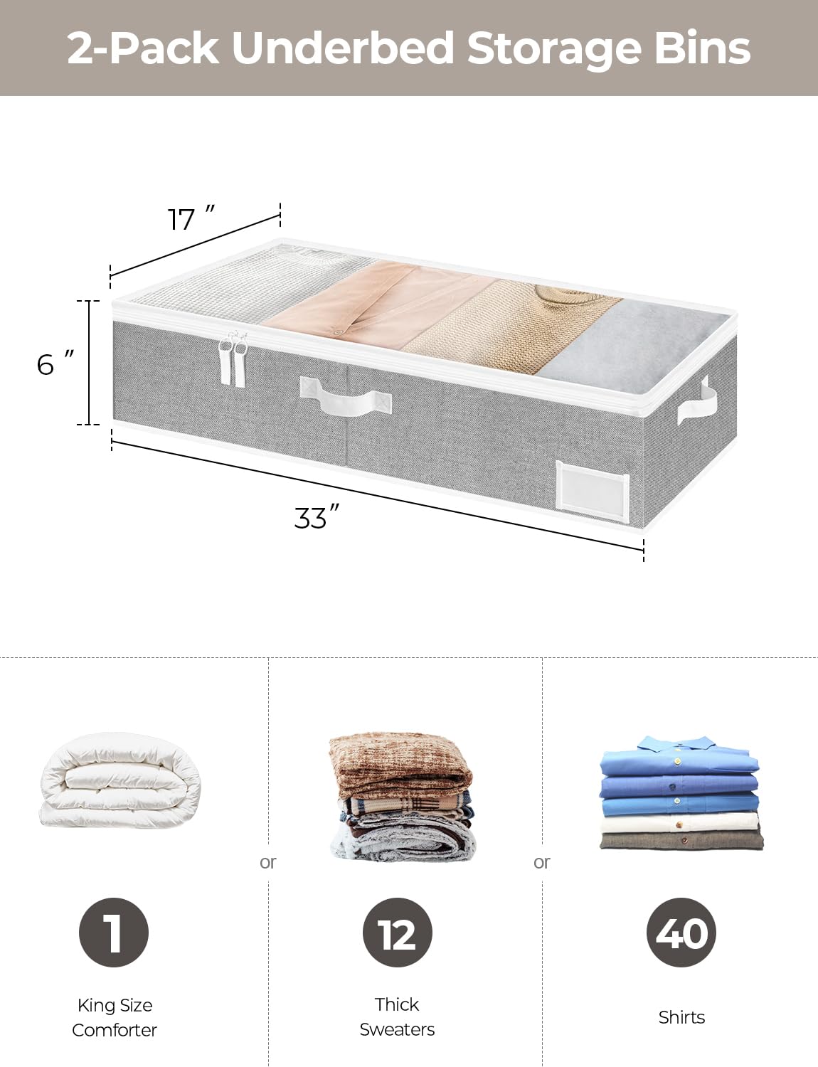 StorageWorks Underbed Storage Box, Underbed Clothes Storage Bin for Clothes, Blankets and Shoes, Foldable Underbed Bags, Gray, L