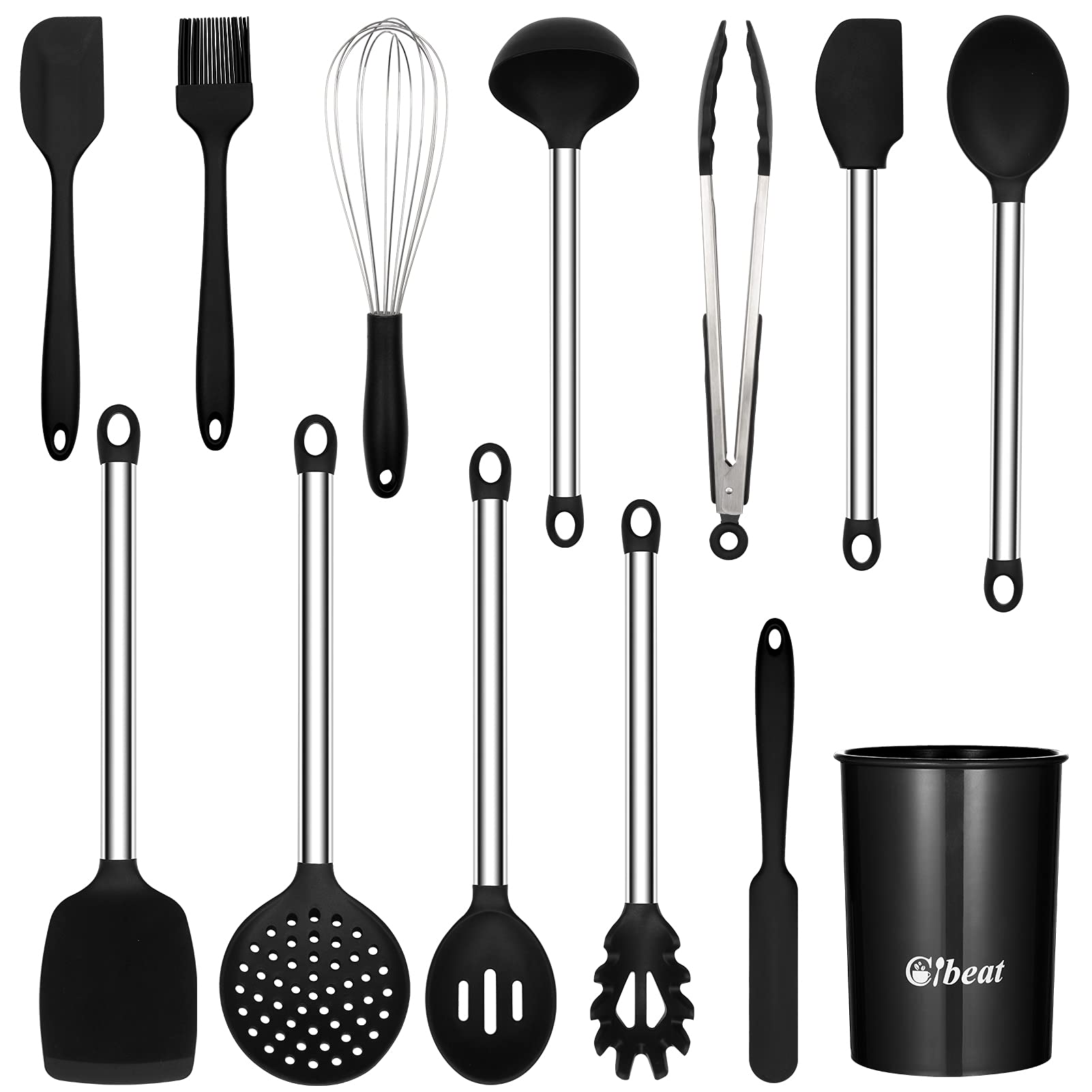 13Pcs Kitchen Utensils Set With Holder, Silicone Cooking Utensils Gadget, Kitchen Spatula Set With Stainless Steel Handle, Nonst