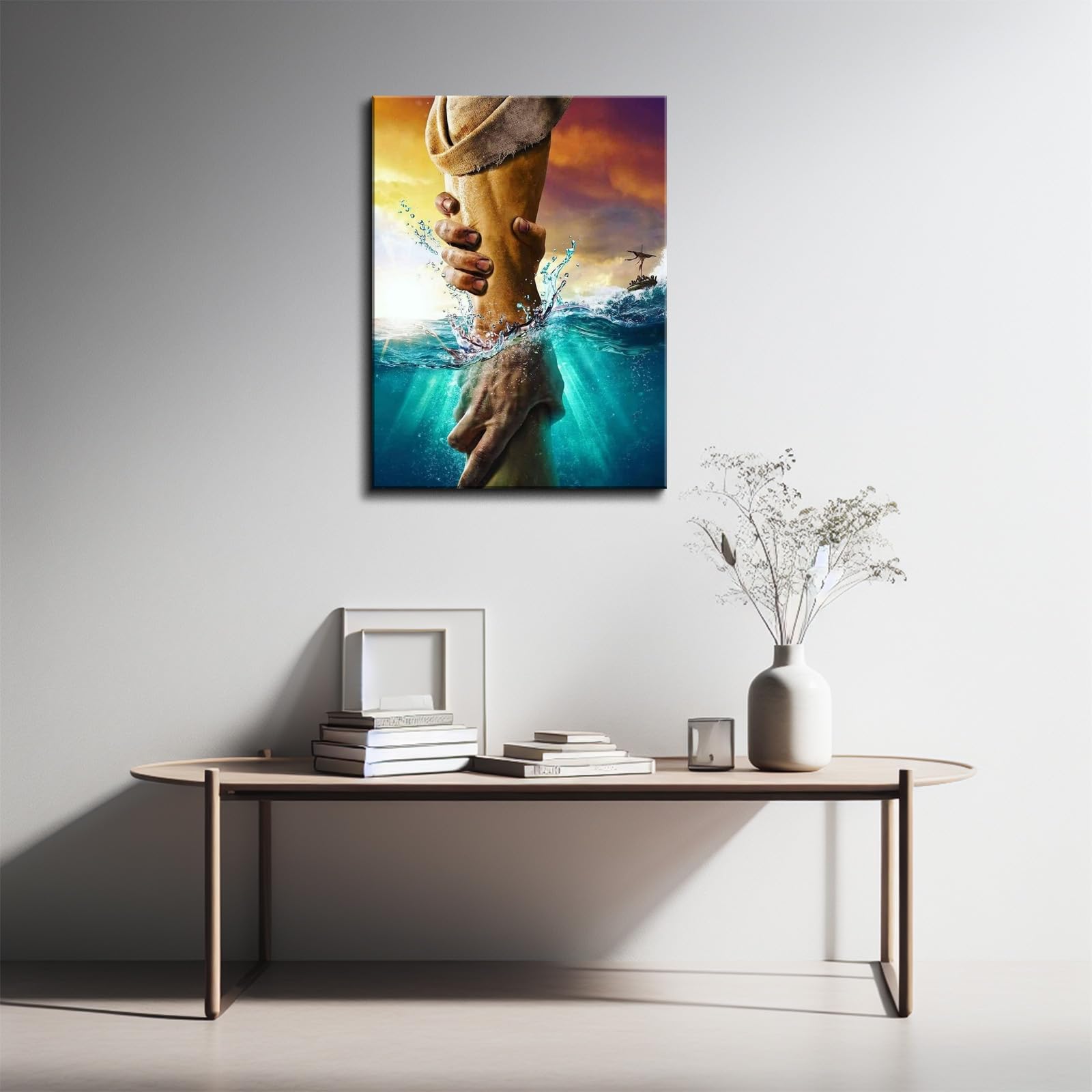 Yonica Jesus Wall Art The Hand Of God Jesus Reaching Into Water Christ Religion Canvas Wall Decor Blue Ocean Bible Pictures For