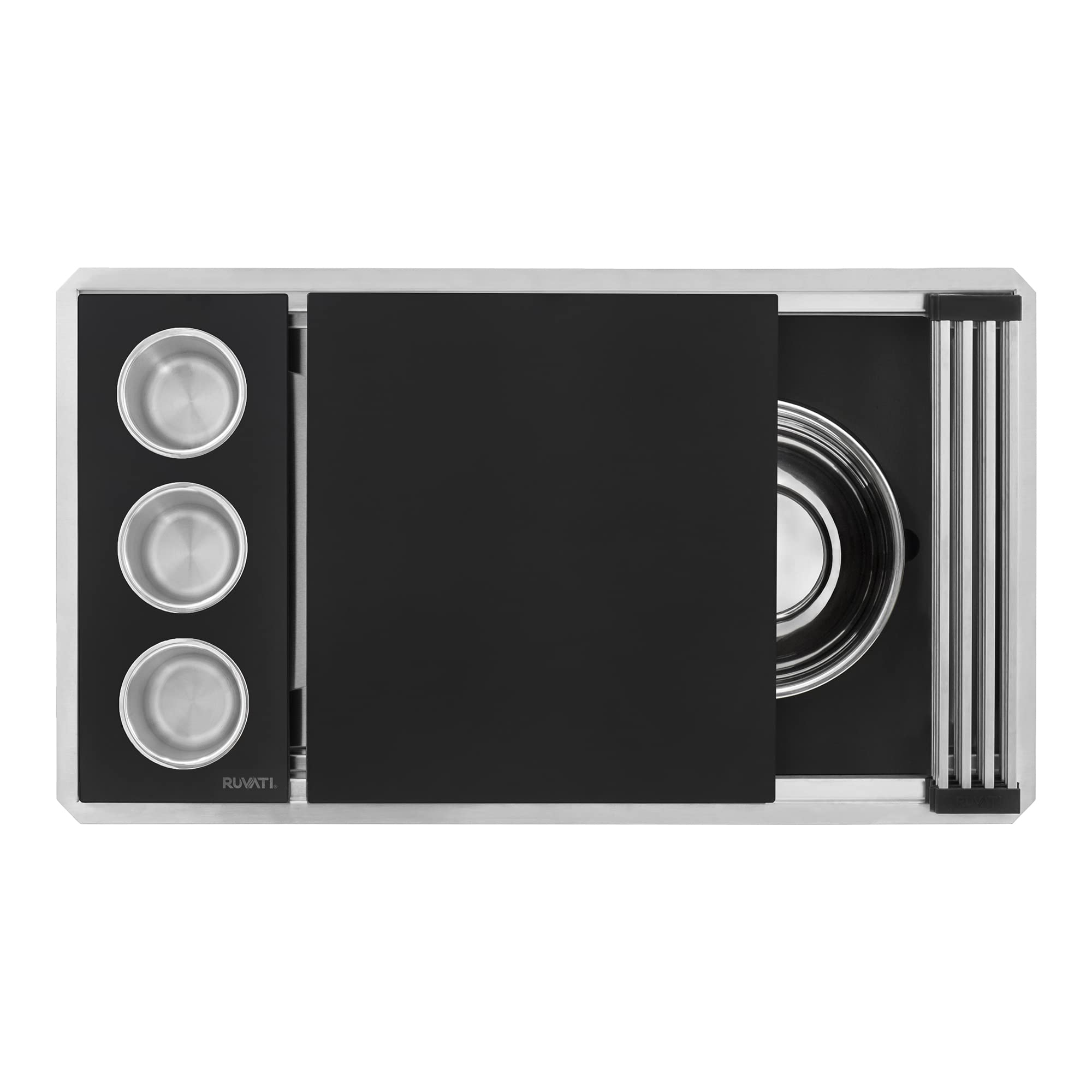 Ruvati 33-Inch Workstation Two-Tiered Ledge Kitchen Sink Undermount 16 Gauge Stainless Steel With Black Composite Accessories -