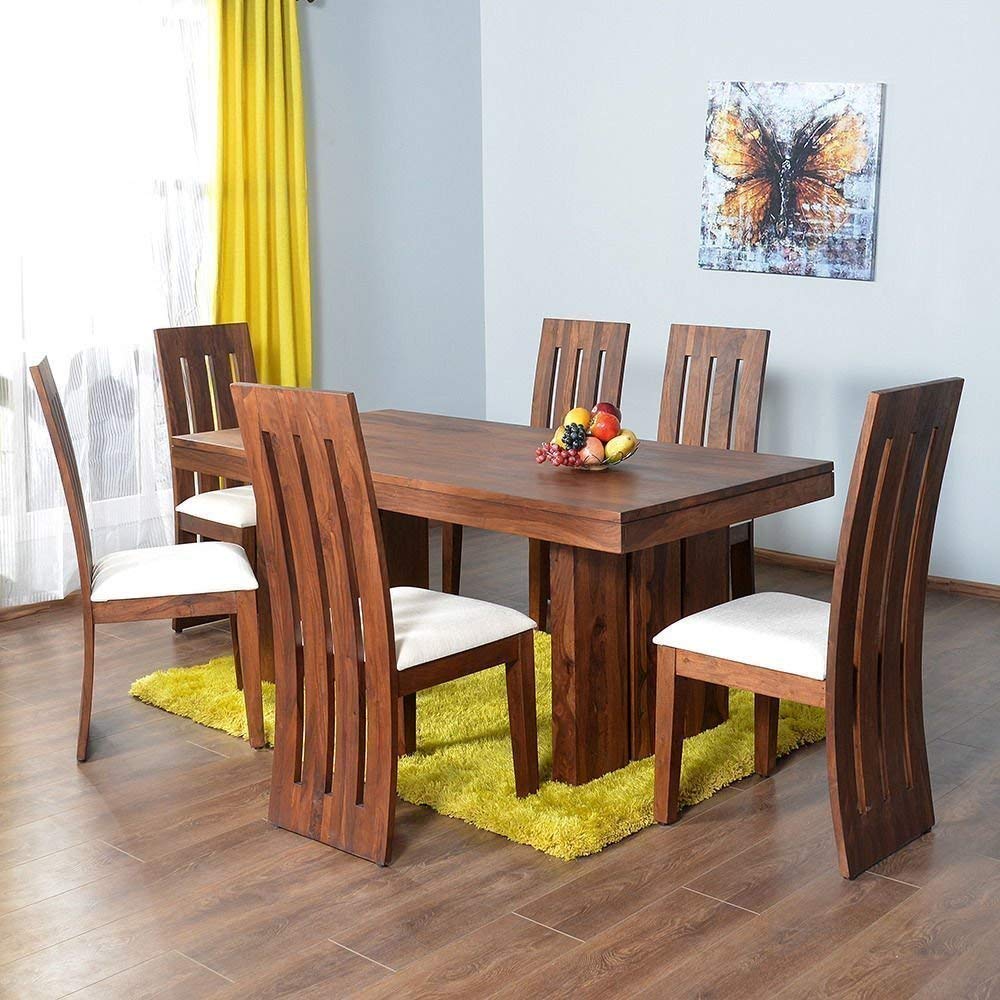 Roundhill Solid Wood 6 Seater Dining Table Set For Living Room With 6 Chair (Sheesham Wood, Teak Finish)