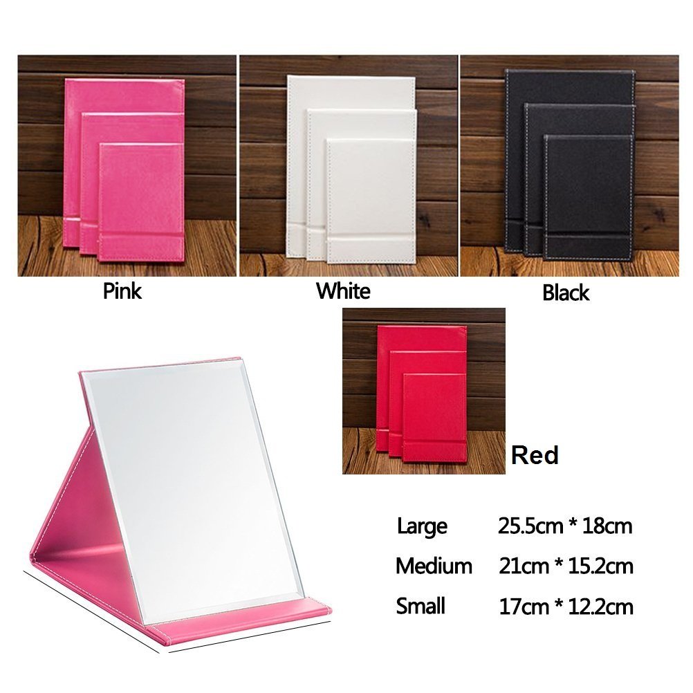 JOLY Protable PU Leather Mirror Folding Desktop Makeup Mirror with Adjustable Stand for Personal Use,Travelling (M, Red)